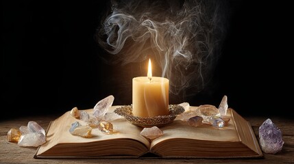 Burning candle with smoke and crystals on old open book symbolizing mystic ritual and spiritual meditation energy