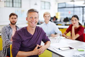 Meeting, creative and portrait of business people in office for planning, about us or feedback. Startup, team and workers with paperwork, tech and collaboration for brainstorming, project or research