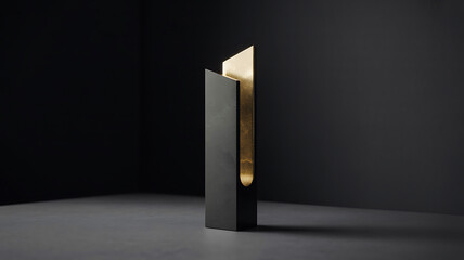 Modern award trophy abstract geometric design in black and gold symbolizing achievement and recognition on a dark background