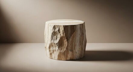 Natural stone pedestal with rough texture and neutral background.