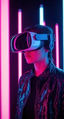 Person wearing VR headset and shiny jacket in neon lights
