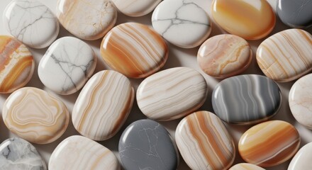 Smooth polished stones with natural wavy patterns in various earth tones.