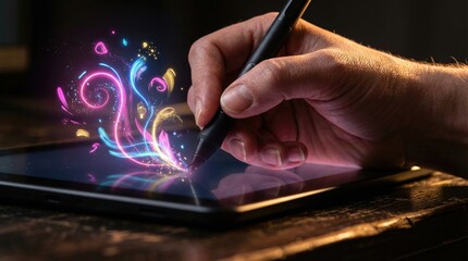 Digital artist creating vibrant artwork on a tablet with a stylus