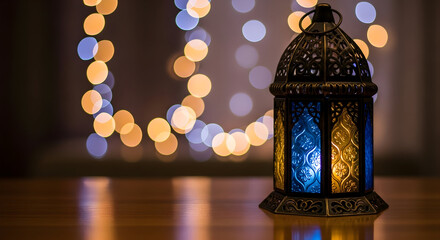 Ramadan lantern with bokeh lights background
