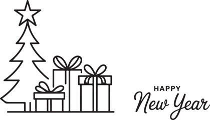 Minimal Happy New Year banner, background. One, continuous line drawing New Year simple banner with christmas tree and presents