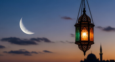 Ramadan lantern with crescent moon and mosque