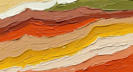 Abstract textured paint strokes in warm earth tones and bright colors create a vibrant background.