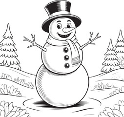 Cheerful cartoon snowman with carrot nose, scarf, and hat holding a broom and Christmas tree for a fun winter holiday decoration illustration