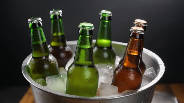 Cold green and brown beer bottles chilling in a metal bucket full of ice cubes.