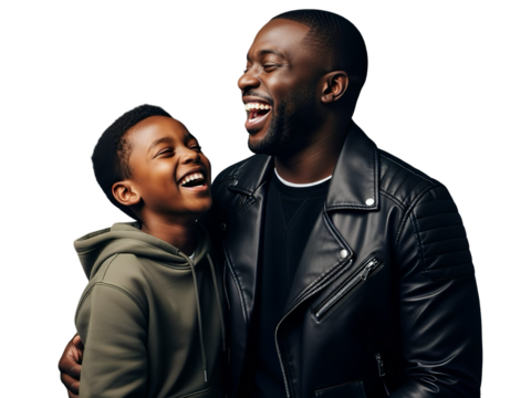 Happy Black Father and Son Laughing Together on White Background