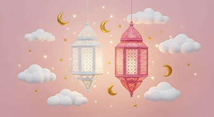 Pastel ramadan lanterns with clouds and moons