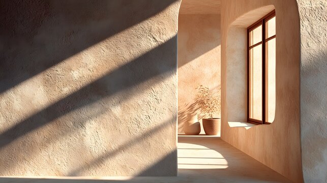 Abstract architectural composition of beige stucco wall with soft shadows cast by window frame, warm neutral tones and minimalist aesthetic.