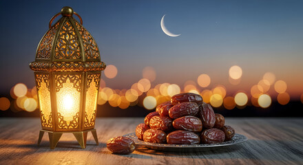 Ramadan lantern and dates with crescent moon