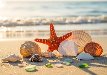 Collection of seashells, starfish, and sea glass arranged on a sandy beach with ocean waves and golden sunlight at sunset