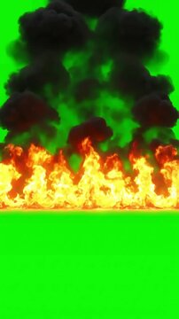Chromakey VFX Backgrounds with wall or line of burst fire smoke isolated on green screen for use 4k uhd 60 fps 3d animation distortion, overlay, glitch, static noise, scan lines black background