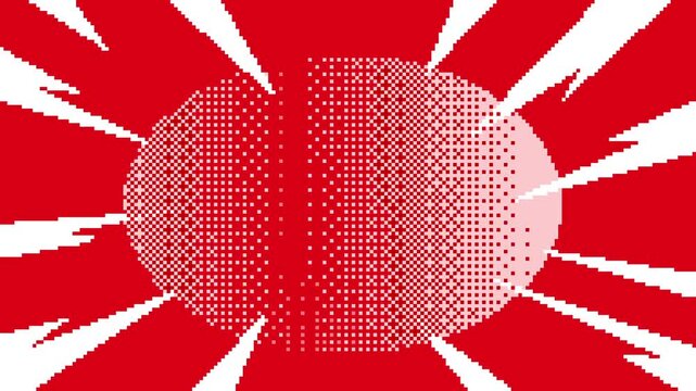 Abstract pixel art white ray beams and flash lightening on red background. Manga Sunburst Energy Time Speed Rays Animation. Anime superhero speed of stripes in pixelated style, Christmas colors	
