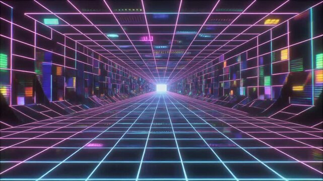 A retro-futuristic neon grid tunnel with a glowing vanishing point.