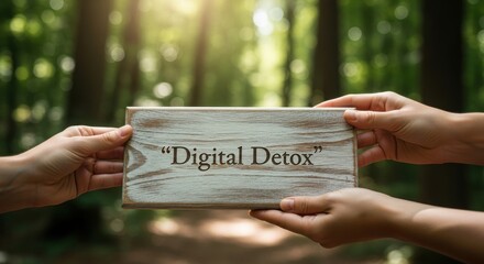 Two hands hold a sign saying Digital Detox in a bright green forest.