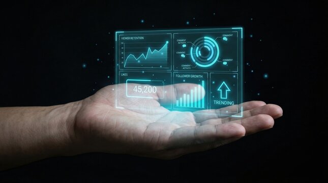 Hand holding a futuristic digital interface with social media analytics - Powered by Adobe