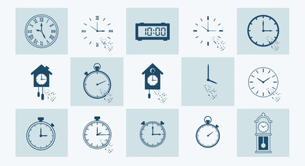 Collection of Various Clock Styles Displaying Time in Different Ways and Designs Set on Pale