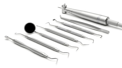 Dental instruments arranged on white surface