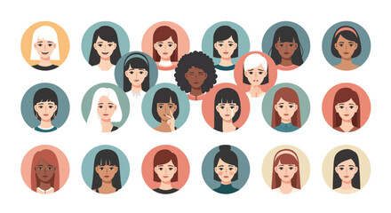 Diverse group of women avatars expressing different emotions in vector format portrait collection