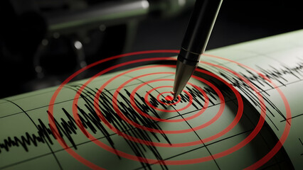 Seismograph recording earthquake activity with red rings