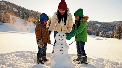 Happy family and children building a cheerful snowman together in a sunny winter landscape surrounded by snowy mountains and pine trees
