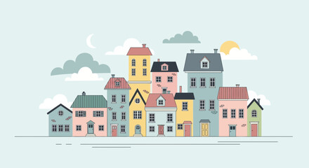 Illustration of a colorful and whimsical cartoon town with buildings and houses aligned nicely