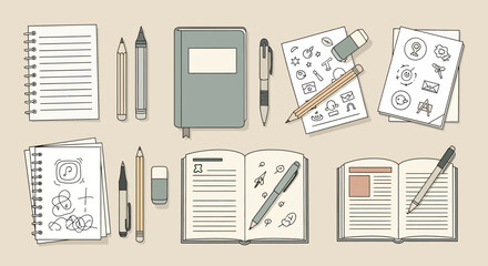 Illustration of stationery items including notebooks, pens, pencils, and erasers on a desk surface