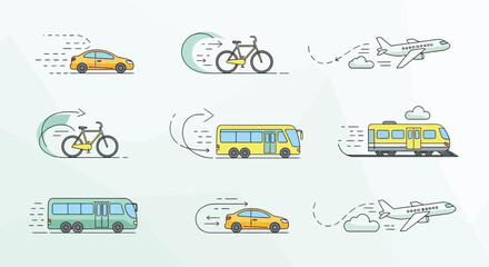 Illustration representing various modes of transportation including car, bicycle, bus and airplane