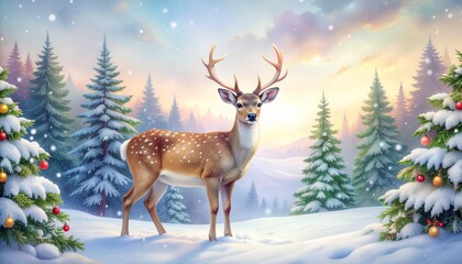 Deer standing in a winter background with trees decorated with Christmas decorations