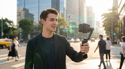 Young man filming himself with a smartphone and gimbal in a city setting