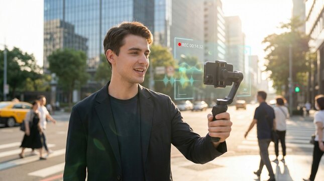 Young man filming himself with a smartphone and gimbal in a city setting