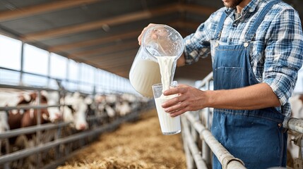 Farmer pouring fresh milk from jug into glass inside barn symbolizing purity freshness and rural life