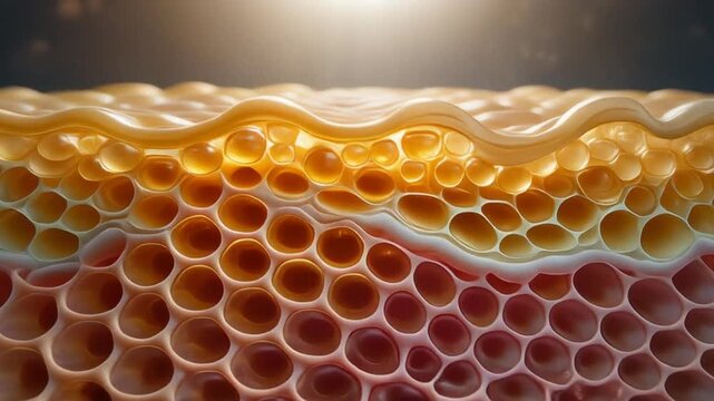 Close-up microscopic view of healthy skin cells regenerating and repairing damage a scientific animation depicting dermal layers and cellular renewal under