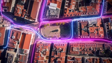Aerial top down view of a futuristic city with glowing digital lines representing data flow, communication, and network connectivity in a European Capital - Powered by Adobe