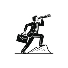 Businessman with telescope and briefcase on mountain peak silhouette