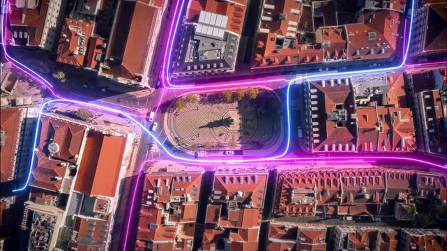 Aerial top down view of a futuristic city with glowing digital lines representing data flow, communication, and network connectivity in a European Capital - Powered by Adobe