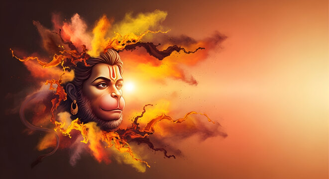 Artistic Watercolor Splash Portrait of Lord Hanuman Side Profile with Glowing Orange Background  Illustration