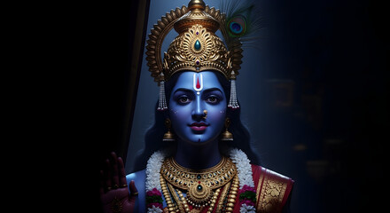 Obraz premium Divine portrait of blue skinned Hindu Lord Krishna wearing golden crown and jewelry in dark setting illustration