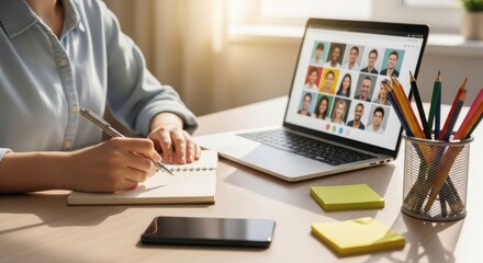 Person using laptop for video conference and taking notes in notebook.