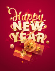 Happy New Years poster design. Greeting card design with 3D inscription, ribbon, gift boxes and christmas decoration. Congratulatory poster.
