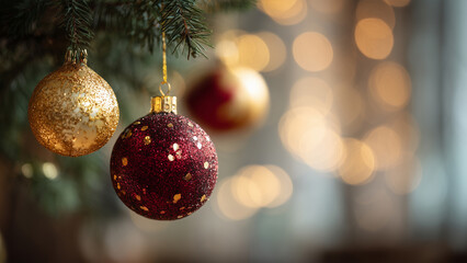 Christmas Red and Gold Ornament Balls on Tree