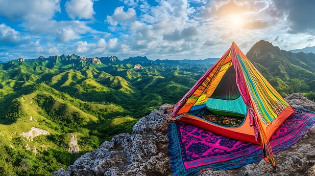 Colorful tent nestled atop mountain peak invites adventurers to explore serene landscape, creating unforgettable memories and connecting with nature - Powered by Adobe
