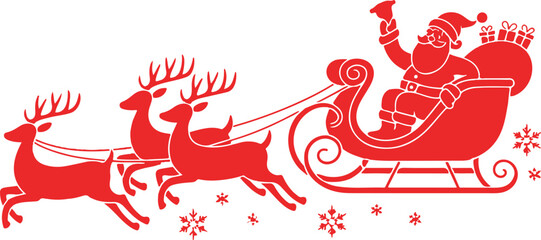 Silhouette of Santa Claus riding in a sleigh with reindeer. Vector on transparent background