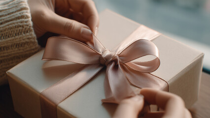 Elegant Gift Box with Satin Ribbon Being Untied