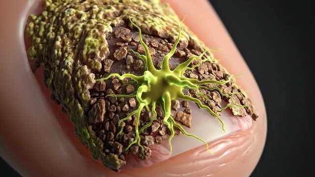 Close up of a human thumbnail with miniature green mossy growth and brown dirt particles in a macro studio shot with dark background