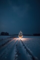 Wide angle snowy field under dusky sky with single illuminated cabin light casting glow on quiet winter landscape christmas tree in the snow
