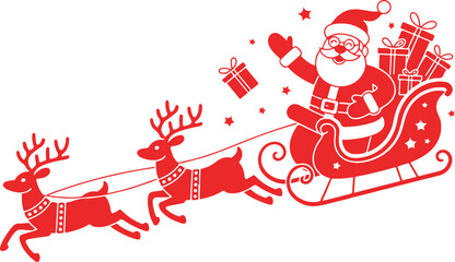 Silhouette of Santa holding one hand on a sleigh with reindeer and waving on a white. Christmas, new year